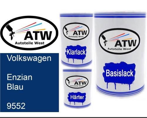 Volkswagen, Enzian Blau, 9552: 500ml Lackdose + 500ml Klarlack + 250ml Härter - Set, von ATW Autoteile West.